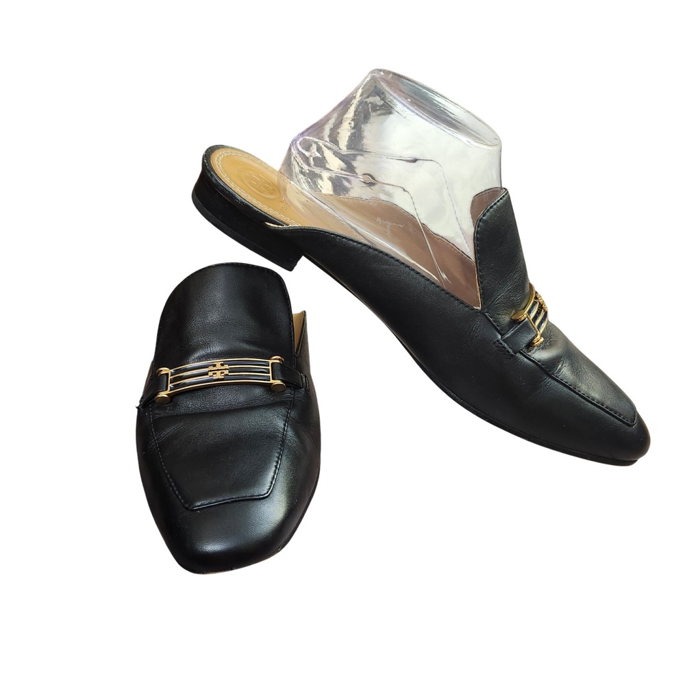 Tory Burch Amelia Black Leather Classic Logo Bar Mules Slides Flats Size 11M